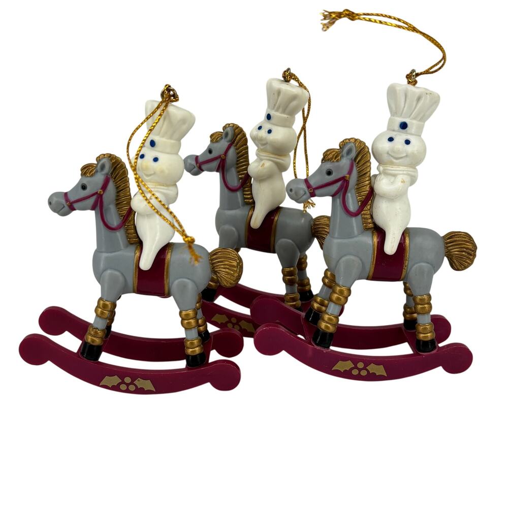 Pillsbury Doughboy Rocking Horse Christmas Ornament Lot 3 Vintage 1999 Plastic